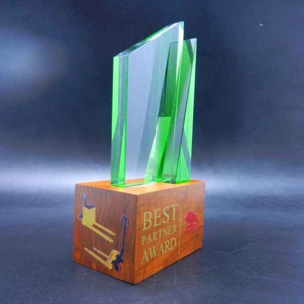 Trapezium glass trophy on hardwood base