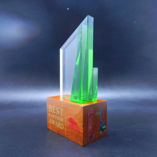 Trapezium glass trophy on hardwood base