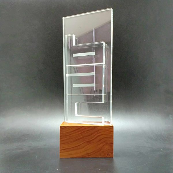 2D Flat Block Crystal with Totemic Text Trophy on Hardwood Base