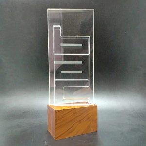 2D Flat Block Crystal with Totemic Text Trophy on Hardwood Base