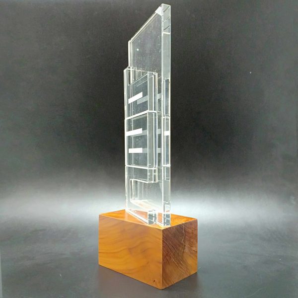 2D Flat Block Crystal with Totemic Text Trophy on Hardwood Base